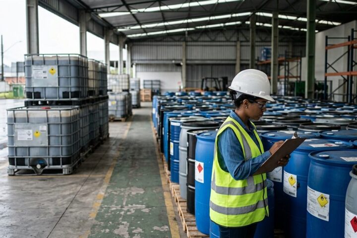 Técnico ambiental com colete de segurança inspeciona bombonas de resíduo identificadas num pátio industrial coberto