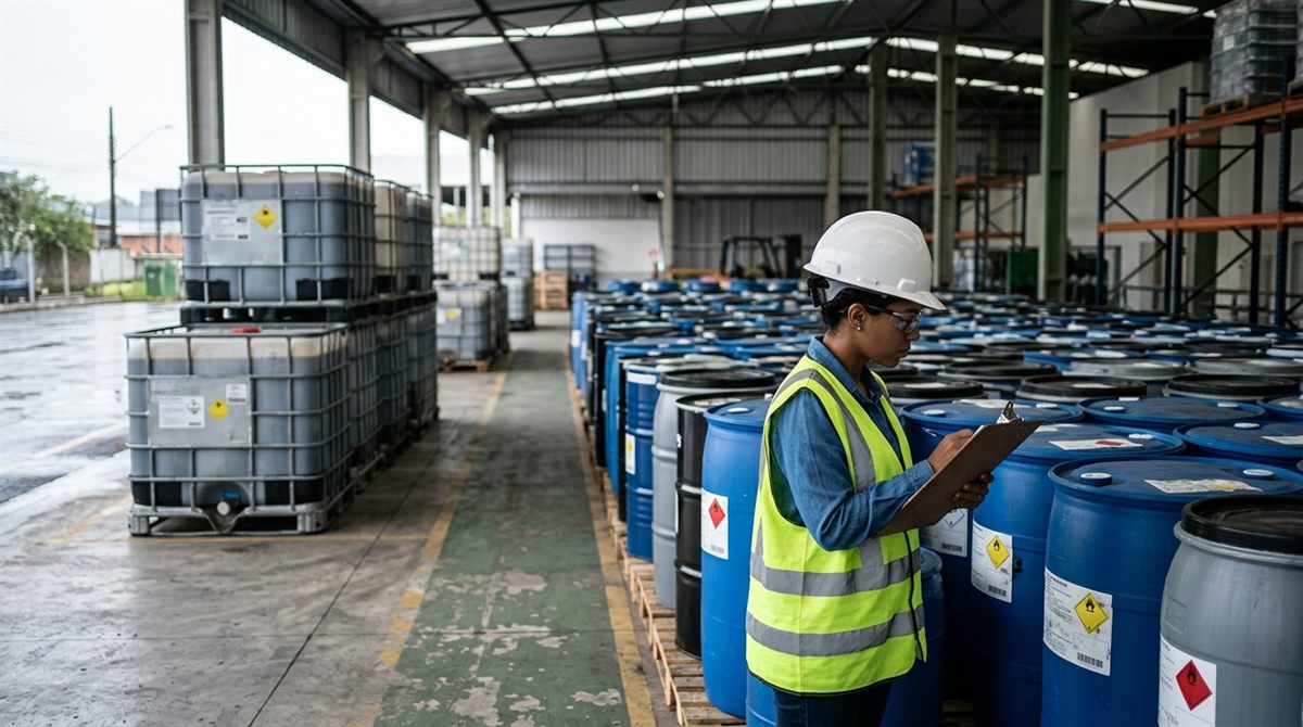 Técnico ambiental com colete de segurança inspeciona bombonas de resíduo identificadas num pátio industrial coberto