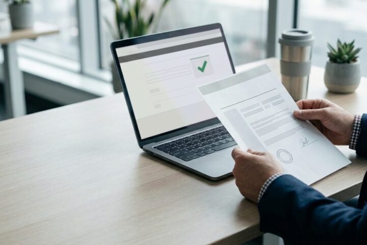 Mãos seguram um certificado de conformidade impresso ao lado de um notebook num escritório