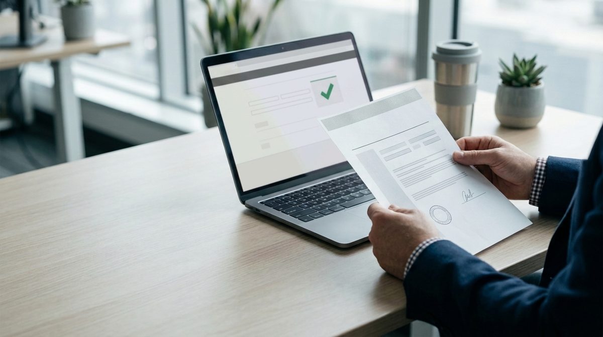 Mãos seguram um certificado de conformidade impresso ao lado de um notebook num escritório
