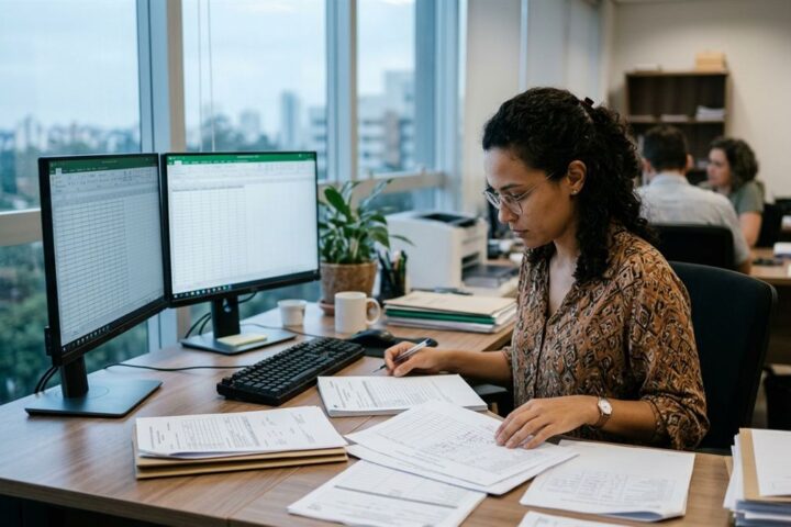 Analista ambiental revisa laudos e licenças em duas telas num escritório técnico