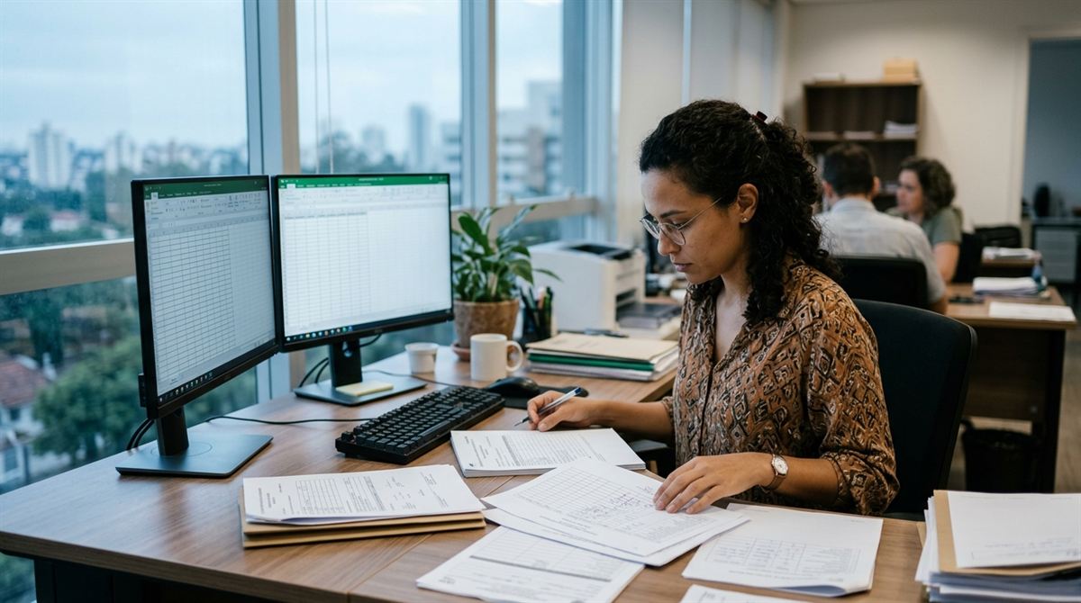 Analista ambiental revisa laudos e licenças em duas telas num escritório técnico