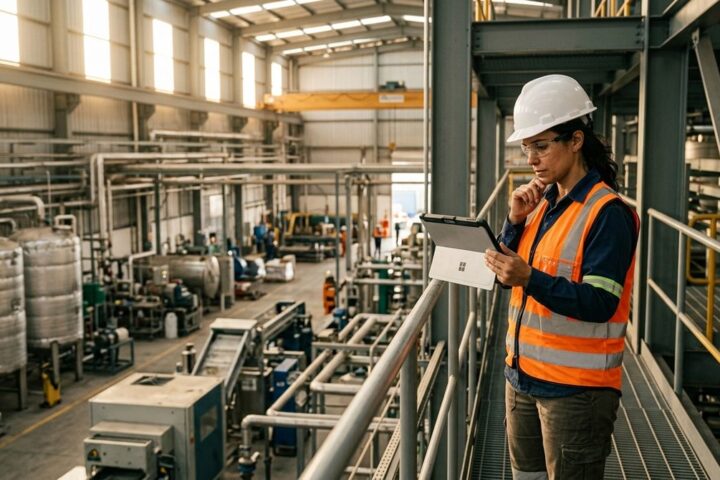 Engenheira ambiental revisa um painel de conformidade em tablet numa planta industrial