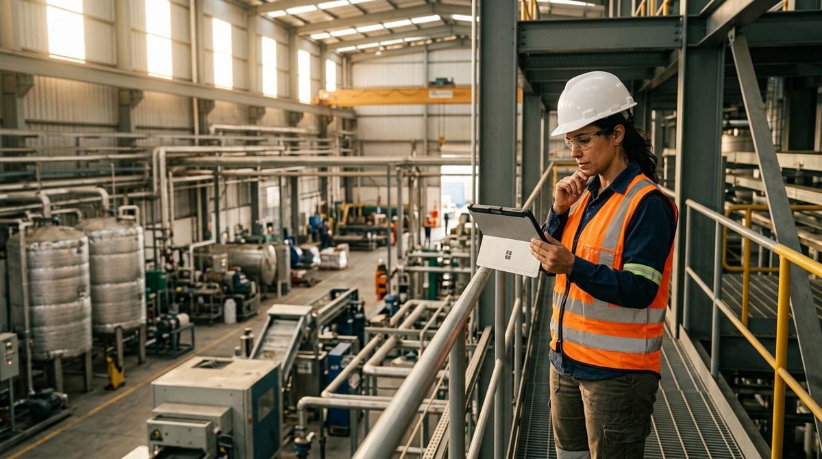 Engenheira ambiental revisa um painel de conformidade em tablet numa planta industrial