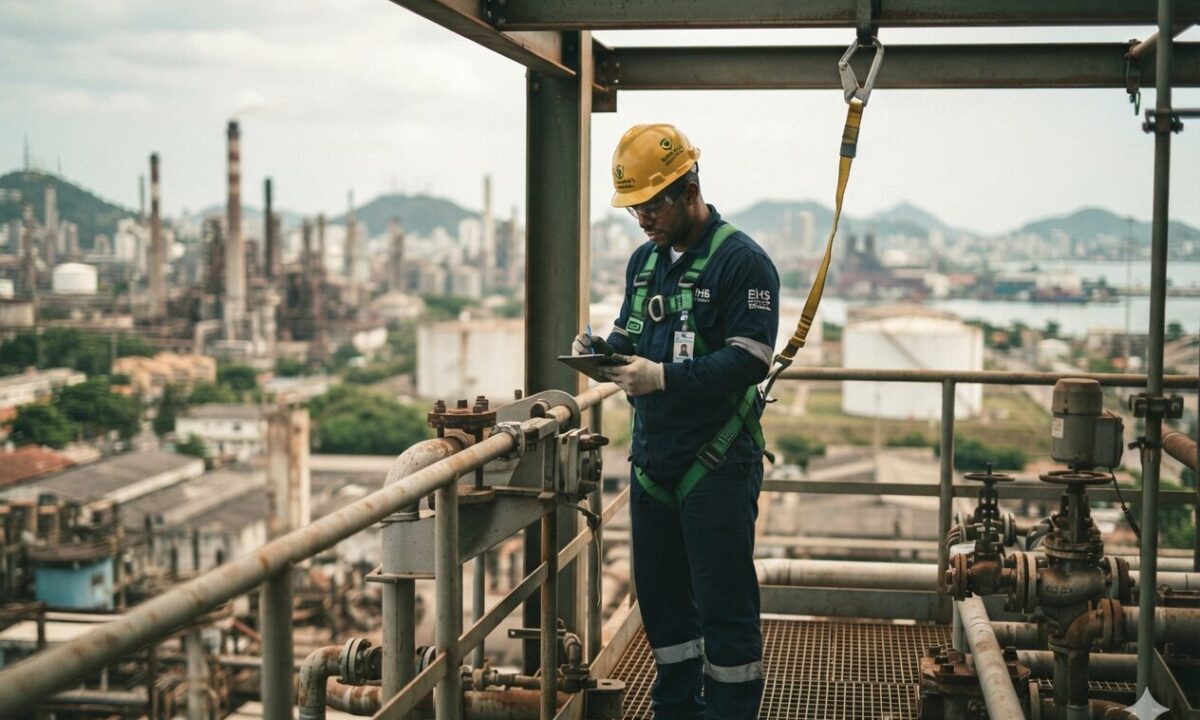 Trabalhador autorizado com talabarte e capacete realizando trabalho em altura em plataforma industrial, conforme exigências da NR-35