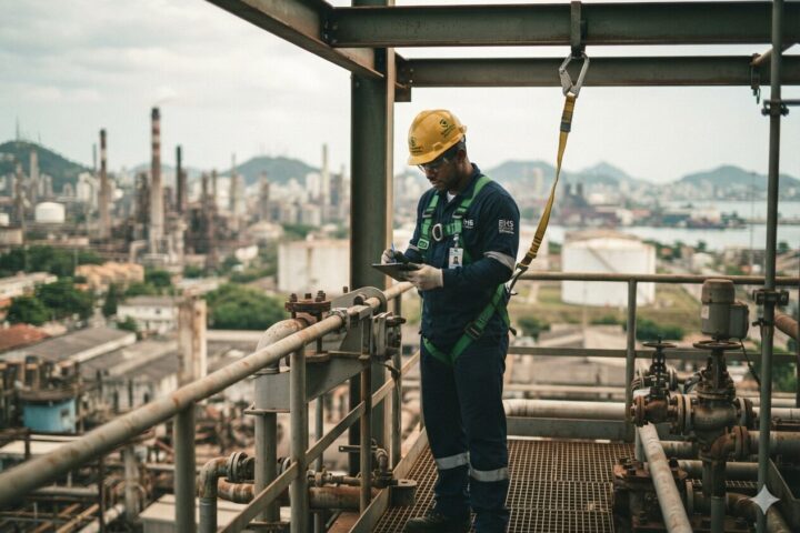 Trabalhador autorizado com talabarte e capacete realizando trabalho em altura em plataforma industrial, conforme exigências da NR-35