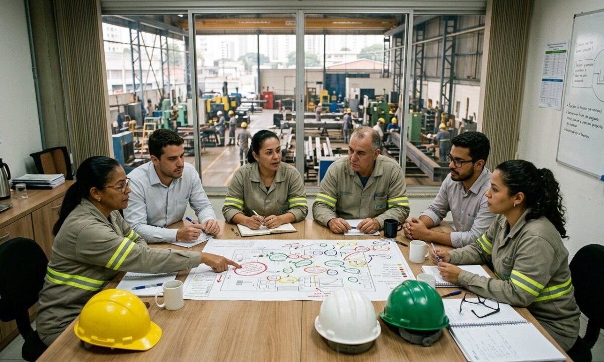 Reunião da CIPA em sala de fábrica com mapa de riscos sobre a mesa e capacetes ao lado