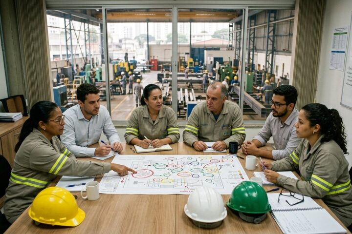 Reunião da CIPA em sala de fábrica com mapa de riscos sobre a mesa e capacetes ao lado