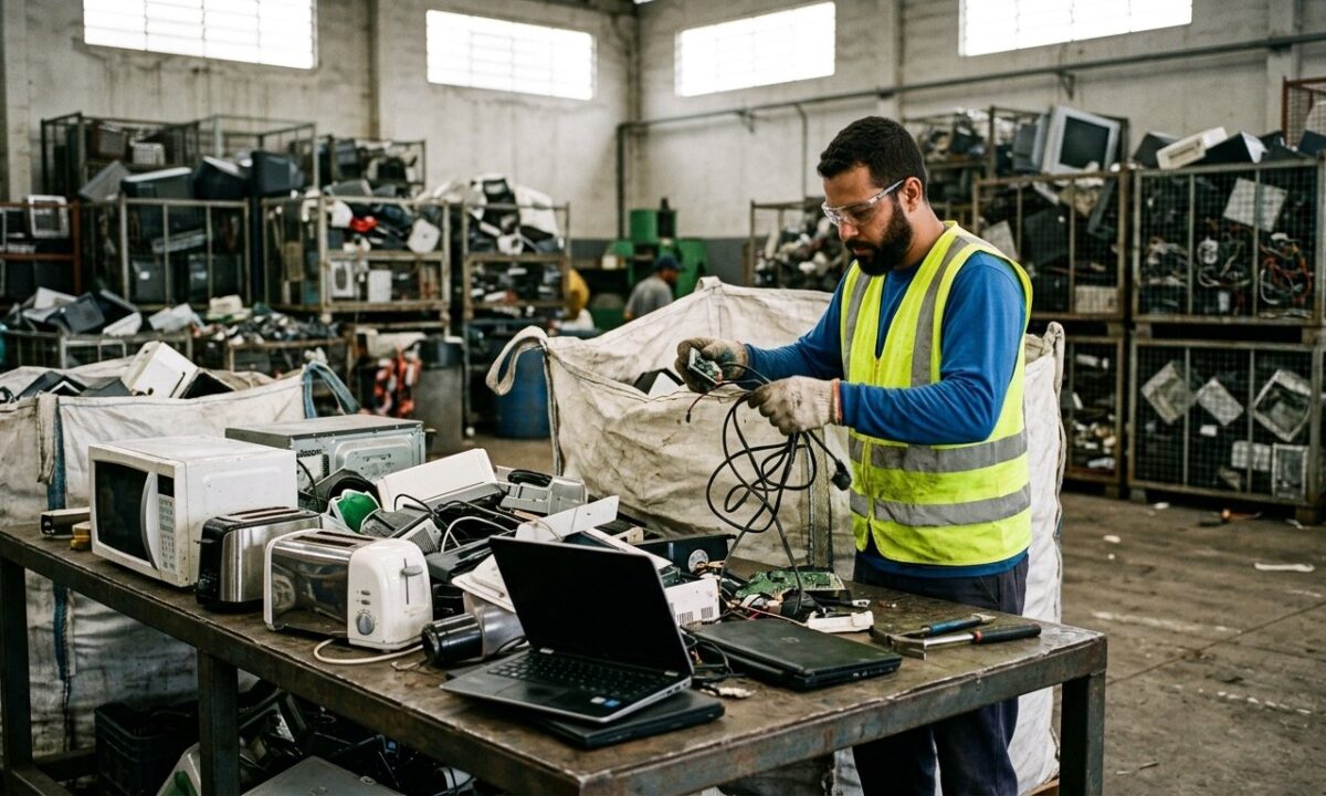 Trabalhador com EPI separa eletroeletrônicos descartados em galpão de reciclagem licenciado