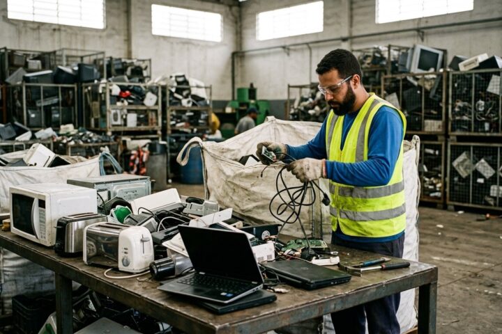 Trabalhador com EPI separa eletroeletrônicos descartados em galpão de reciclagem licenciado