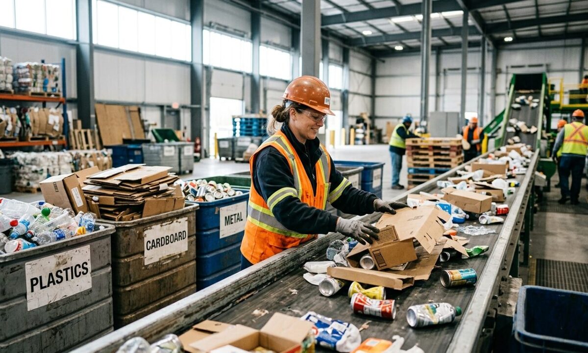 Trabalhador com EPI separa embalagens pós-consumo em linha de reciclagem industrial