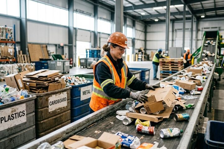 Trabalhador com EPI separa embalagens pós-consumo em linha de reciclagem industrial