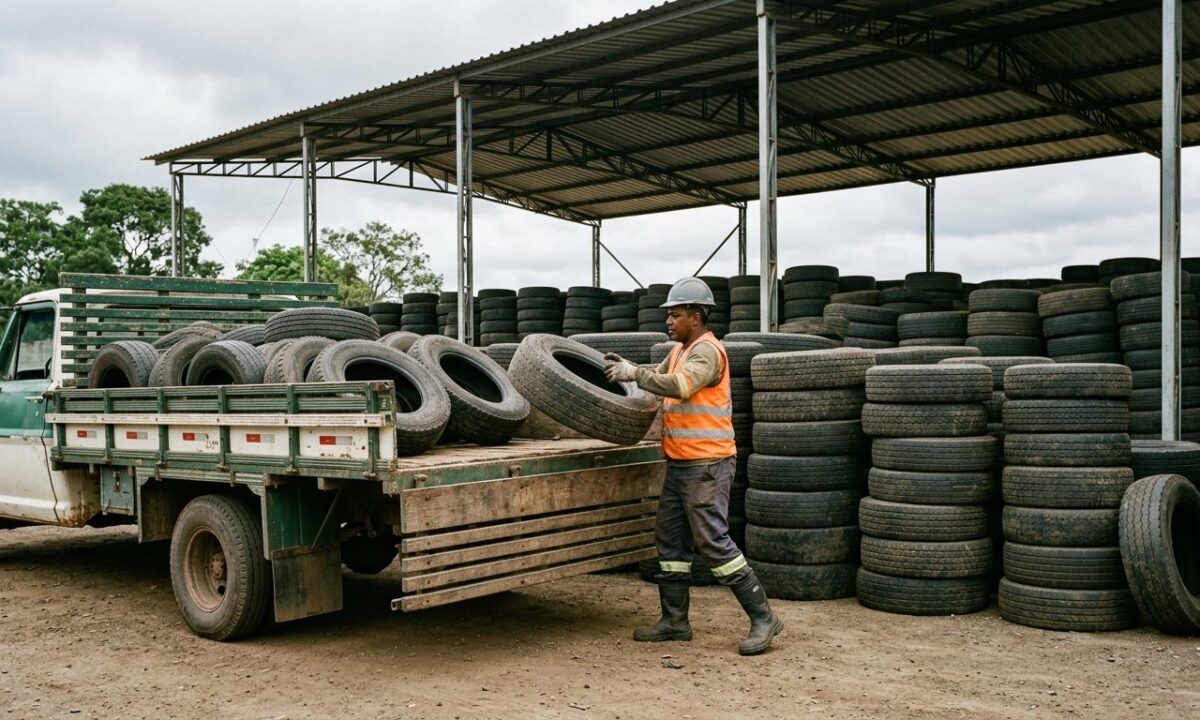 Trabalhador com EPI carrega pneus inservíveis em caminhão num ponto de coleta coberto