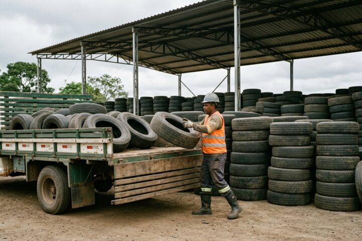 Trabalhador com EPI carrega pneus inservíveis em caminhão num ponto de coleta coberto