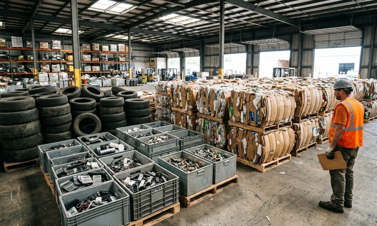 Centro de triagem industrial com pneus, eletrônicos e embalagens organizados para retorno à cadeia produtiva