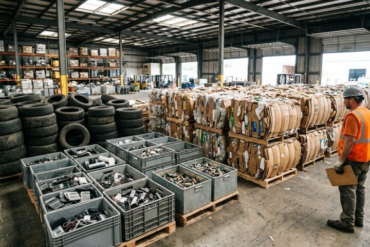 Centro de triagem industrial com pneus, eletrônicos e embalagens organizados para retorno à cadeia produtiva