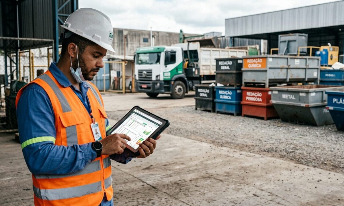 Analista de EHS revisando o manifesto de transporte de resíduos em tablet num pátio industrial de resíduos