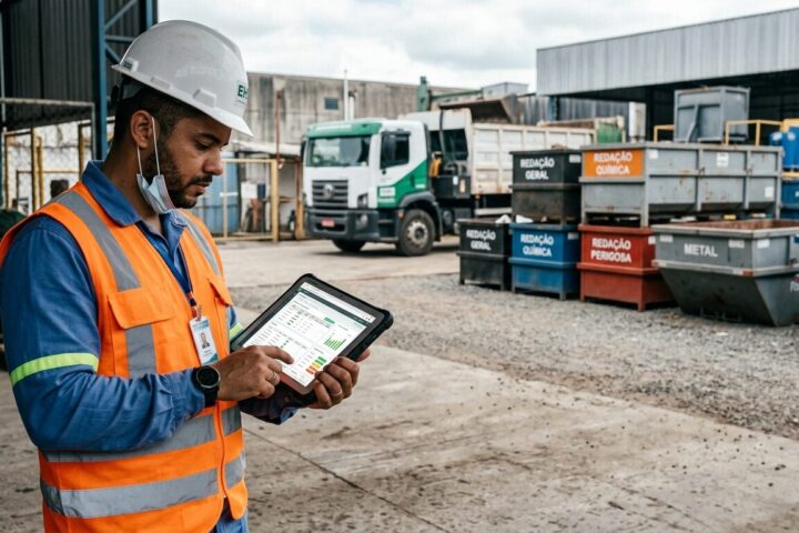 Analista de EHS revisando o manifesto de transporte de resíduos em tablet num pátio industrial de resíduos