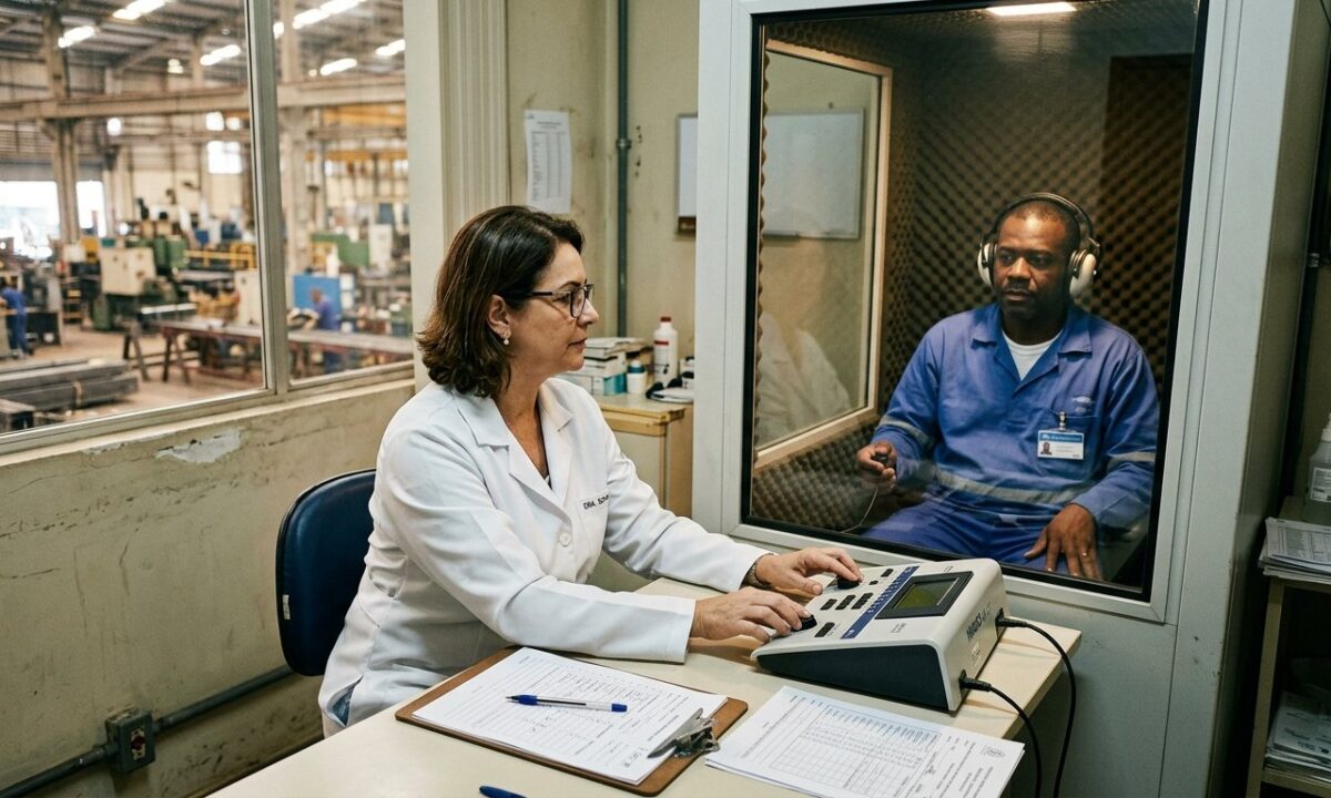 Médica do trabalho realiza audiometria em operário dentro de cabine acústica no ambulatório da fábrica