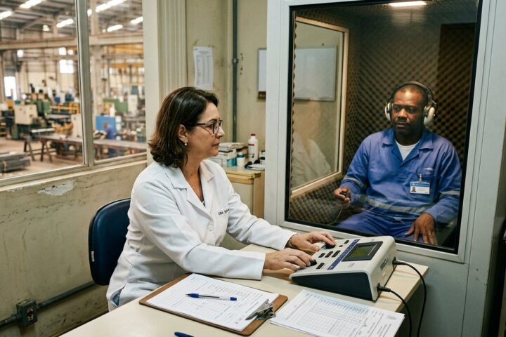 Médica do trabalho realiza audiometria em operário dentro de cabine acústica no ambulatório da fábrica