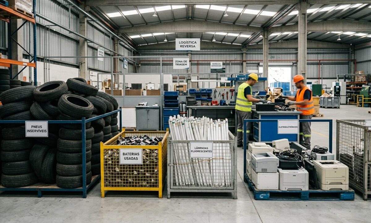 Central de coleta industrial com pneus, baterias, lâmpadas e eletrônicos separados