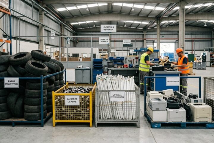 Central de coleta industrial com pneus, baterias, lâmpadas e eletrônicos separados